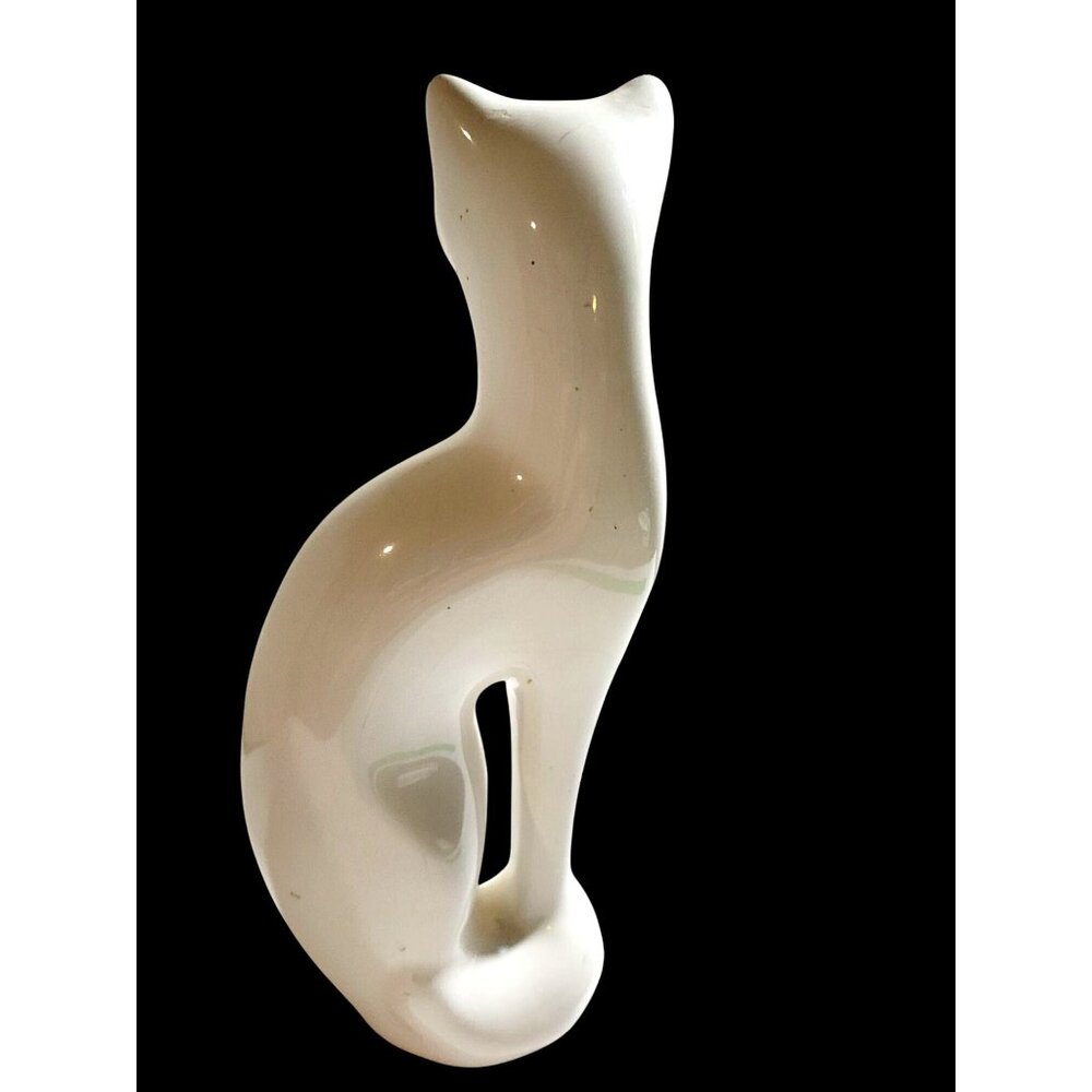 Vintage White Porcelain Cat Figurine Retro Feline Home Decor 8" Tall Minimalist - Picture 3 of 9